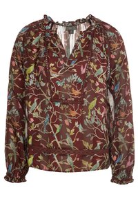 Blouse à manches longues bordeaux avec un motif floral et d'oiseaux. Tissu léger, encolure froncée et poignets élastiques. Détail en dentelle au niveau de l'ourlet.