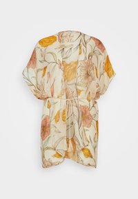 Lett, gjennomsiktig kimono i kremfarge med blomsterdesign i oransje, rosa og grønn. Har vide ermer og knytelukking i livet.