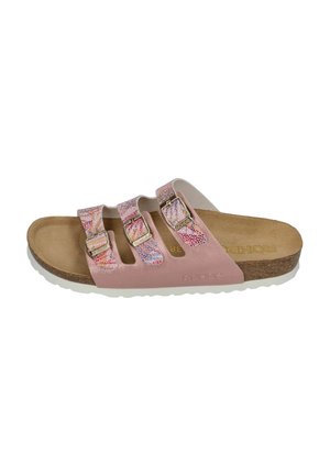 Pink slide sandal with three adjustable straps featuring a colorful textured pattern. Cork footbed with white rubber sole.