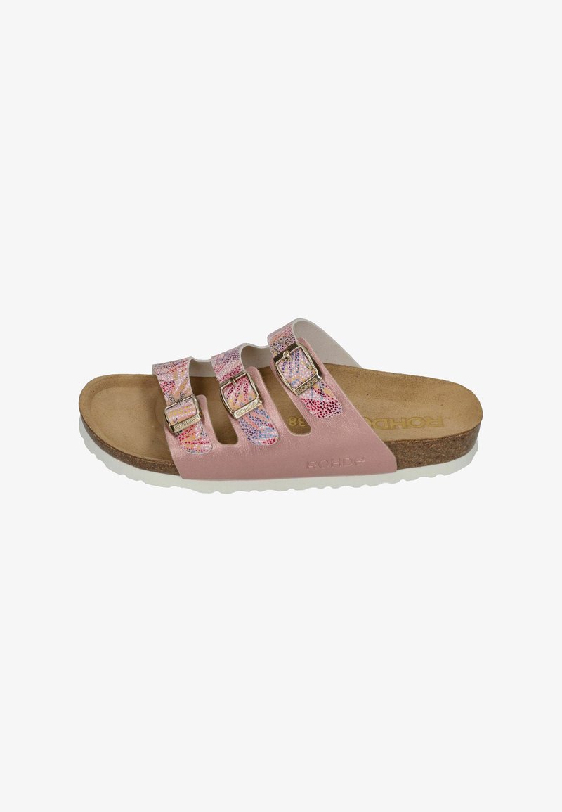Pink slide sandal with three adjustable straps featuring a colorful textured pattern. Cork footbed with white rubber sole.