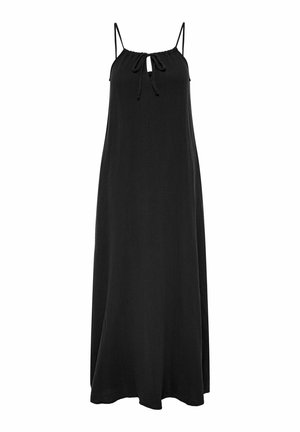 Čierna maxi šaty z ľahkého materiálu. Obsahujú nastaviteľné ramienka a detail na viazanie okolo krku. Hladká textura a splývavý strih.