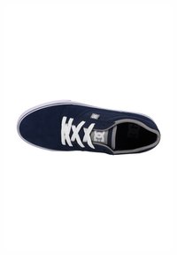 Navy blue suede skate shoes with white laces, rounded toe, and a gray inner lining displaying the brand logo on the tongue.