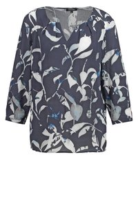Blusa marina con motivo floreale in bianco e blu, caratterizzata da scollo a V e maniche a tre quarti, realizzata in tessuto leggero.