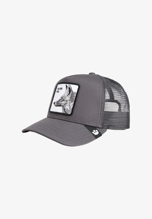 Gray baseball cap with mesh sides, featuring a front patch of a silver fox silhouette and text, curved brim, and adjustable back strap.