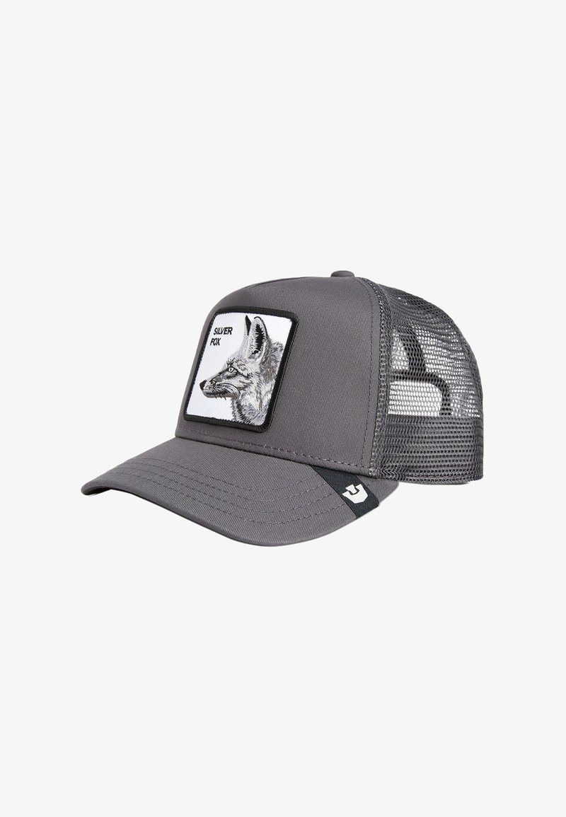 Graue Baseballmütze mit Netzseiten, ausgestattet mit einem Frontpatch eines Silhouette von einem Silberfuchs und Text, gebogenem Schirm und verstellbarem Hinterriemen.