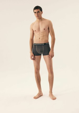 Gray boxer briefs with a black elastic waistband featuring "HENDERSON" in white lettering. Model stands barefoot against a neutral background.