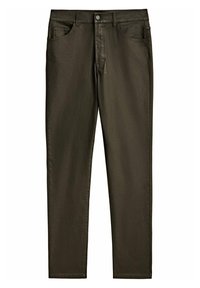 Khaki denim broek met een klassiek vijfzakkenontwerp, sluiting met een knoop aan de voorkant en rechte pijpen. Glad textuur met minimale stikdetails.
