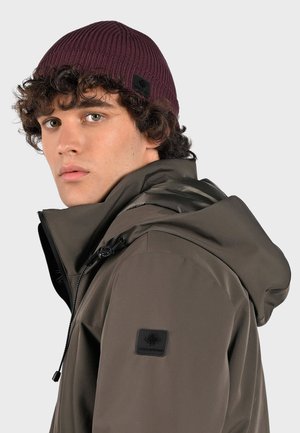 Dark olive green jacket with a high collar and adjustable hood, paired with a maroon ribbed knit beanie featuring a black logo patch.