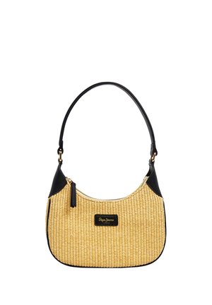 Sac à main en paille tissée avec garniture en cuir noir, bandoulière unique, fermeture éclair, et une petite étiquette logo sur le devant.