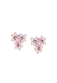 Orecchini floreali rosa con petali traslucidi, finitura iridescente e centri in pietra nera. Presentano cinque fiori disposti in gruppi.