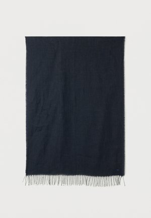 Écharpe rectangulaire bleu marine foncé avec bords frangés sur un fond blanc.