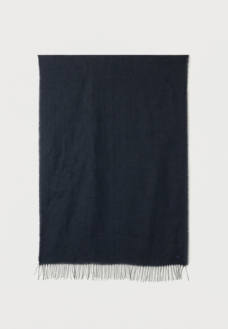 Écharpe rectangulaire bleu marine foncé avec bords frangés sur un fond blanc.