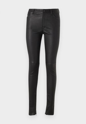 Black faux leather pants with a slim fit, featuring a zipper detail at the ankle and standard pocket design. Smooth texture and glossy finish.