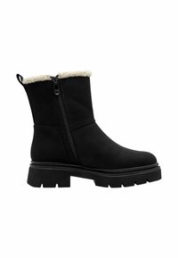 Zwarte enkelboots met een ritsluiting en faux fur voering. Stevige zool voor grip, zachte textuur en een strak ontwerp zonder zichtbare patronen.