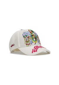 Cappellino da baseball in rete di colore bianco sporco con ricamo colorato di teschi e grafica e testo rosso sulla visiera. Visiera curva e schienalino regolabile.