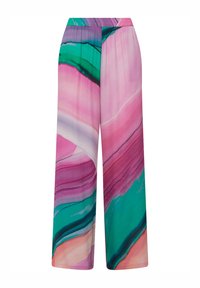 Bredde bukser lavet af letvægtigt stof, med et flerfarvet marmor mønster i pink, grønne og lilla nuancer. Elastisk talje.