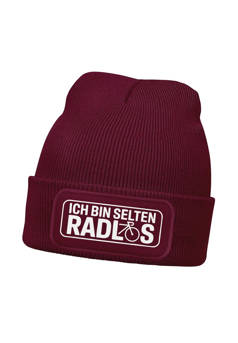 Burgundy knit beanie with ribbed texture and a folded cuff featuring a white rectangular patch with text and a bicycle icon.