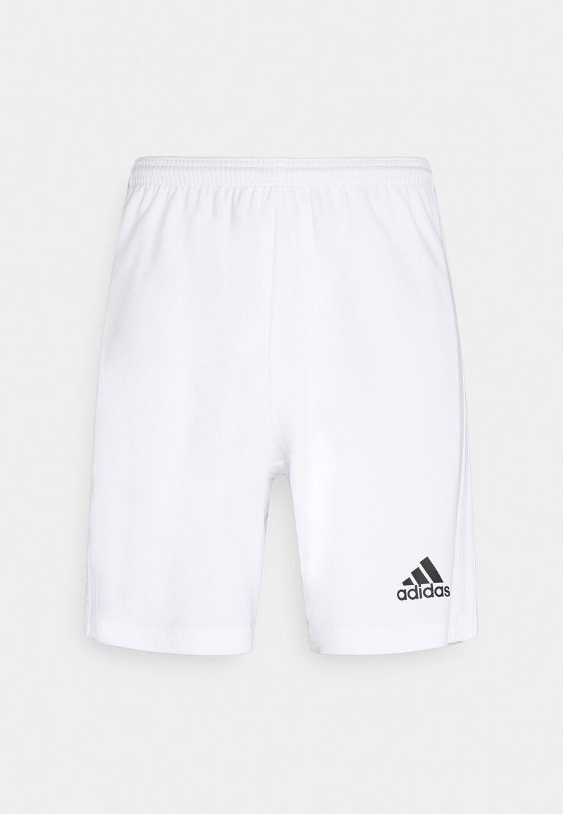 Valged spordilühikesed, mis on valmistatud kergest kangast, elastse vöökoha ja musta Adidas logo abil vasakul jalal.