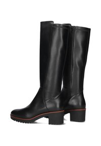 Black leather knee-high boots with a rounded toe, chunky rubber heel, side zip closure, and contrasting brown sole detail.