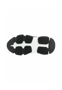 Suola di scarpa sportiva in bianco e nero caratterizzata da un motivo di grip in gomma testurizzato e un intersuola liscia, con cinque segmenti di battistrada distinti.