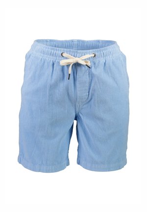 Hellblaue, gestreifte Shorts mit elastischem Bund und Kordelzug. Besitzt seitliche Taschen und einen lockeren Schnitt.