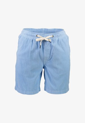 Hellblaue, gestreifte Shorts mit elastischem Bund und Kordelzug. Besitzt seitliche Taschen und einen lockeren Schnitt.