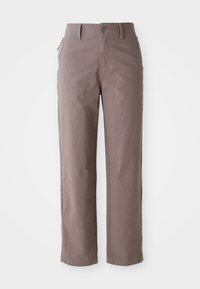 Bruine katoenen twill broek met een rechte pijp, voorzien van een knoopsluiting aan de voorkant en zijzakken, met een gladde textuur en strakke lijnen.