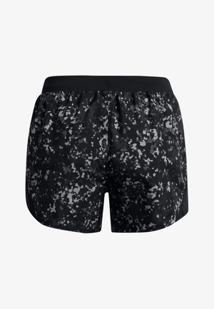 Shorts de sport noirs avec une large ceinture et un motif camouflage gris dispersé, vus de dos sur fond blanc.