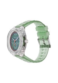 Διαφανής καθαρός θήκη ρολογιού με πράσινη σιλικόνη λουράκι, στρογγυλό πρόσωπο, πολύχρωμο καντράν και τρεις υποδείκτες για παρακολούθηση του χρόνου.