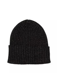 Zwarte gebreide beanie met ribbelstructuur en omgeslagen rand. Gemaakt van een vezelmix, met subtiele glinsterende draadjes door de stof.