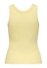 Canotta giallo pallido senza maniche, a costine, con scollo rotondo e vita aderente.