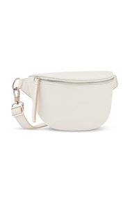 Geantă crossbody din piele albă cu o formă curbată. Dispune de închidere cu fermoar, curea ajustabilă și un design minimalist fără branding vizibil.