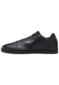 Black leather sneaker with smooth texture, lace-up design, padded collar, and subtle logo detail in white on the outer side.