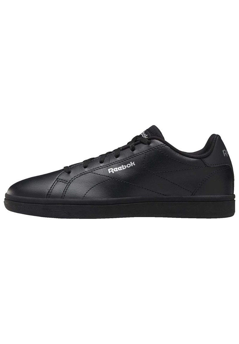 Black leather sneaker with smooth texture, lace-up design, padded collar, and subtle logo detail in white on the outer side.