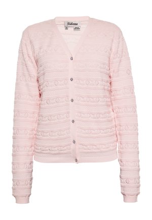 Lyserød cardigan med tekstureret mønster, med V-hals, lange ærmer og knaplukning. Pyntet med dekorative knapper.
