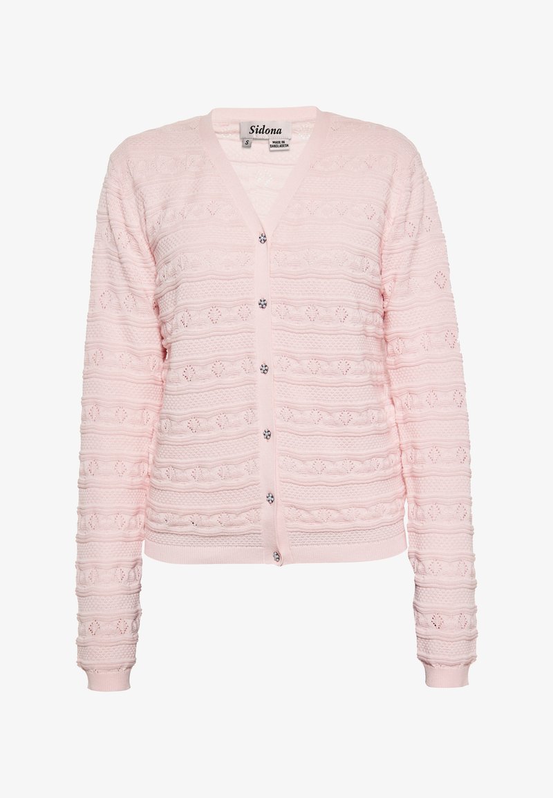 Helle rosa Strickjacke mit strukturiertem Muster, V-Ausschnitt, langen Ärmeln und Knopfverschluss. Mit dekorativen Knöpfen akzentuiert.