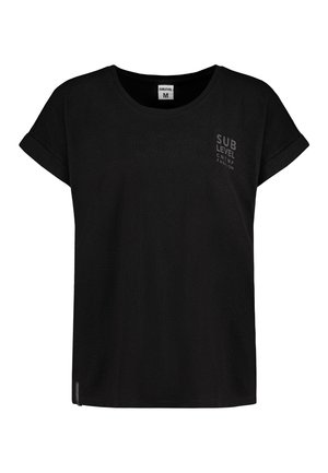 Black short-sleeve T-shirt with rolled cuffs and small light gray "SUBLEVEL CNTMP FASHION" text on the upper left chest.