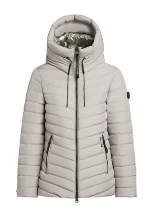 Lys grå pufferjakke med høy, justerbar hette. Kviltet tekstur, glidelås foran og to sidelommer med svarte glidelåser.
