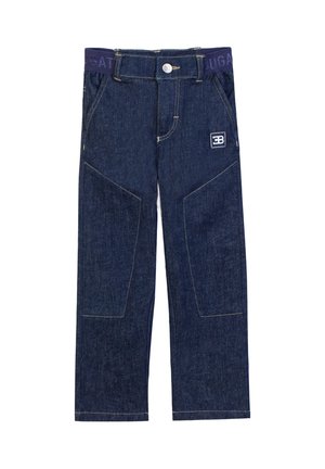 Pantaloni di denim blu scuro con toppe strutturate sulle ginocchia, vita elastica con scritta e piccolo logo bianco sulla coscia destra.