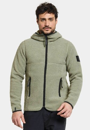Fleece jacket in light green, featuring a hood, zippered front, and side pockets with black trim and textured fabric.