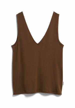 Mouwloze bruine tanktop met diepe V-hals en rechte zoom, plat tegen een witte achtergrond weergegeven.