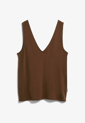 Mouwloze bruine tanktop met diepe V-hals en rechte zoom, plat tegen een witte achtergrond weergegeven.