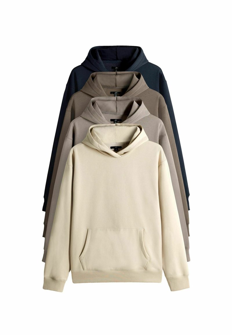 Hoodies i ett staplat arrangemang med en färgpalett i beige, tan, brunt och mörkblått; i bomullsblandning, med känguruficka och huva.
