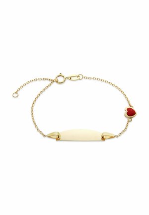 Delicate gold chain bracelet with a blank rectangular plate and a small red heart charm near the clasp on a white background.