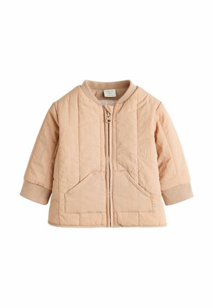 Veste bébé beige clair avec fermeture éclair frontale, poignets et col côtelés, deux poches avant, et couture matelassée verticale.