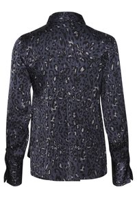Lepelprint shirt in donker marineblauw satijn, met een puntkraag, lange mouwen en een rugplooi voor verbeterde bewegingsvrijheid en comfort.