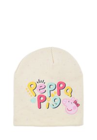 Cappello invernale crema con motivo a pois rosa, caratterizzato da una grafica "Peppa Pig" in lettere colorate e un'illustrazione di un maialino rosa con un fiocco.