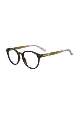 Occhiali rotondi con montatura frontale tartarugata e aste verde oliva con un piccolo dettaglio a forma di cuore e punte viola.