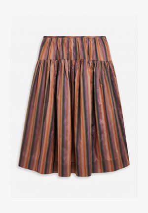 Μίντι φούστα με ψηλή μέση και κάθετες ρίγες σε πορτοκαλί, μοβ, πράσινο και καφέ, με ραμμένο ύφασμα για όγκο.