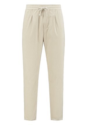 Beige katoenen corduroy broek met elastische tailleband en trekkoord, met een ontspannen pasvorm en taps toelopende pijpen.